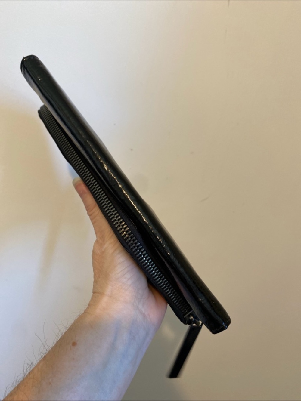 HOBO Black Patent Fold-Over Clutch with Diagonal Zip Magnetic Closure - Picture 4 of 15